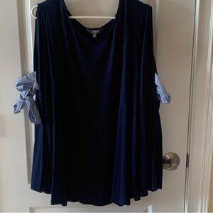 Marled Navy Blue Blouse with Bow Details